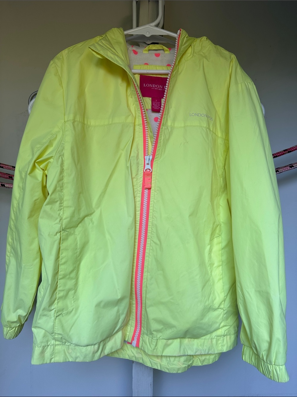 London Fog Neon Yellow Kids Hooded Raincoat with Pink Trim